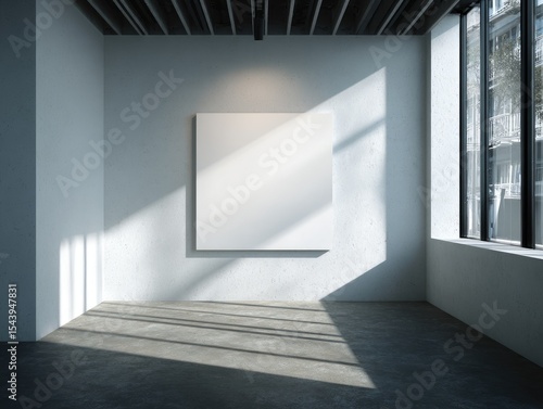 Wallpaper Mural Sunlit minimalist gallery room with a large blank canvas on a white wall, concrete floor, and industrial ceiling; sunlight streams through a large window Torontodigital.ca