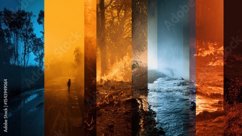 Dramatic forest landscape collage showing forest fire smoke water wind and destruction effects