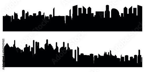 Black silhouette cityscapes featuring modern and industrial skylines. Urban skyline vector illustration set perfect for design, web, print, or architectural themes.