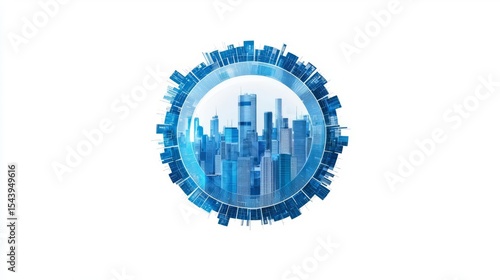 A futuristic city skyline encapsulated in a blue circular design, blending innovation with modern architecture.