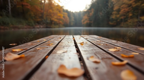 A picturesque wooden dock adorned with fallen autumn leaves overlooks a peaceful, misty lake, embodying the serene beauty and quietude of nature during fall season.