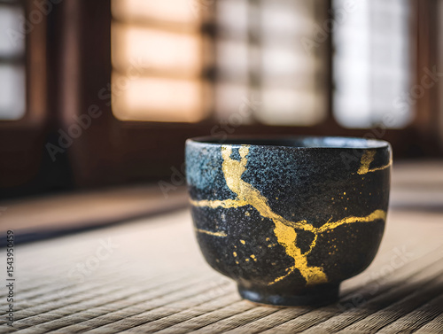 金で補修された日本茶道用の陶器、温かな光に包まれた伝統的な和風空間の中での上品な構図
