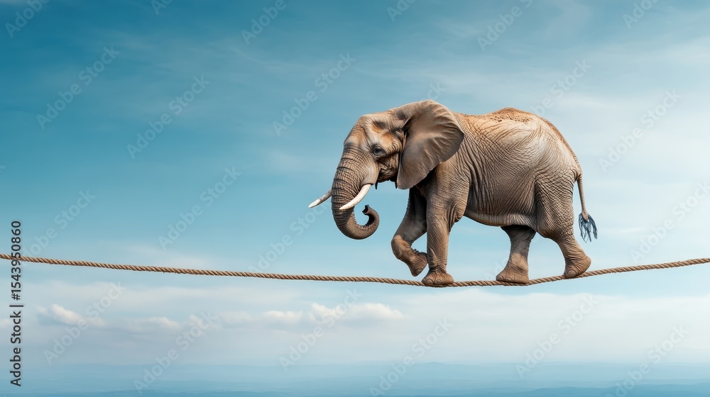 Obraz premium A stunning image of an elephant balancing on a tightrope in a blue sky, symbolizing grace and the extraordinary capabilities of these magnificent creatures.