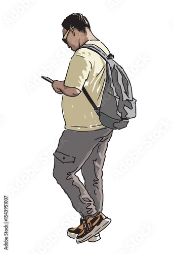 Hand drawing of one casual modern tourist man in sunglasses with backpack using smartphone, walking outdoors, side view, realistic vector illustration isolated on white