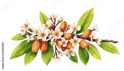 Hand-drawn almond branches with leaves, blossoms, nuts, and kernels  Vector illustration, almond kernel, organic