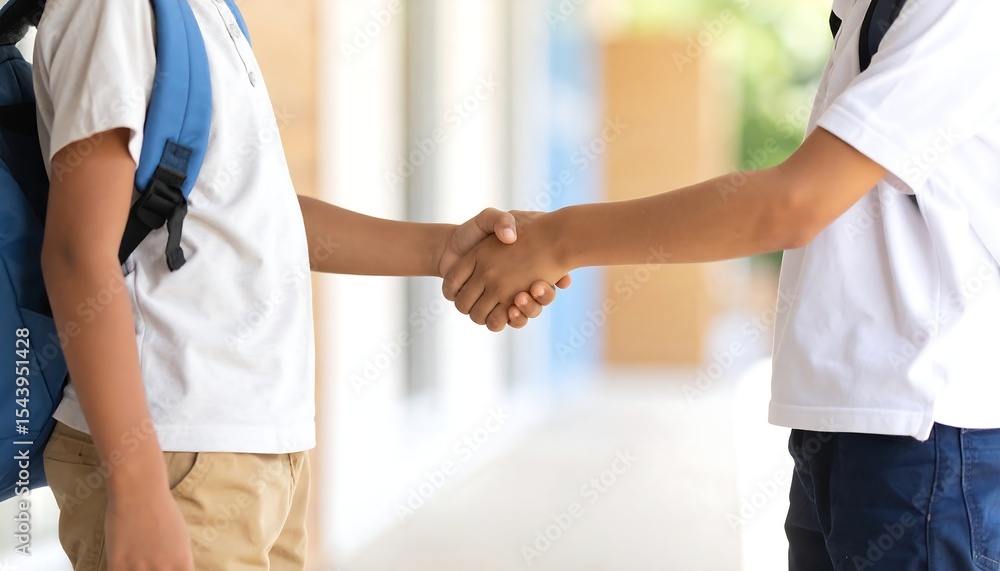 Obraz premium Boys shaking hands with school hallway.