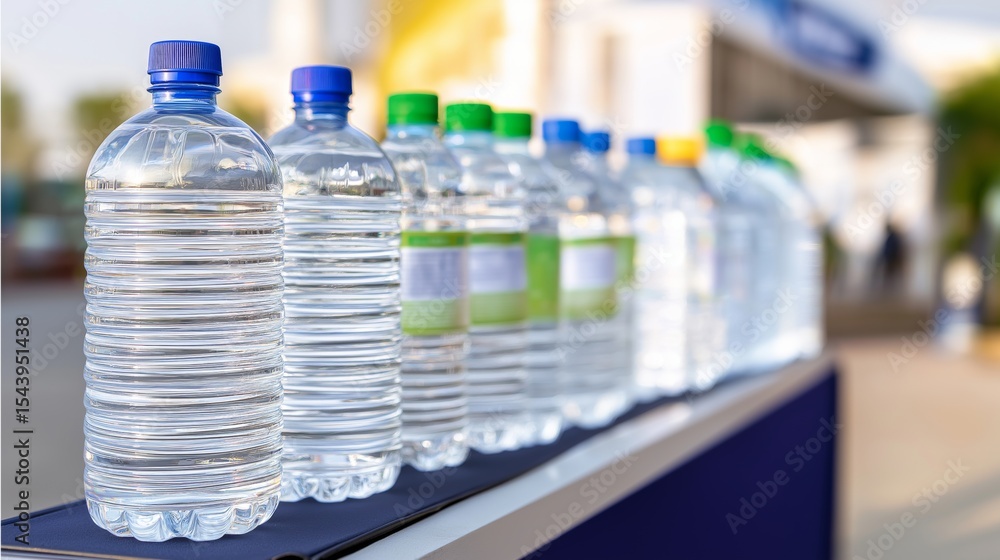 Bottled water displayed at a market stall during a sunny day in the city Bottled water displayed at a market stall during a sunny day in the city