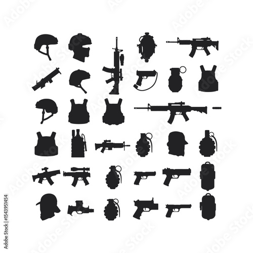 Military Equipment Silhouettes Rifles Pistols Helmets Body Armor and Grenades