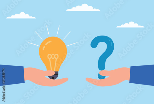 Vector illustration of two hands exchanging ideas and question marks, representing collaboration, curiosity, knowledge sharing, and creative problem solving between individuals
