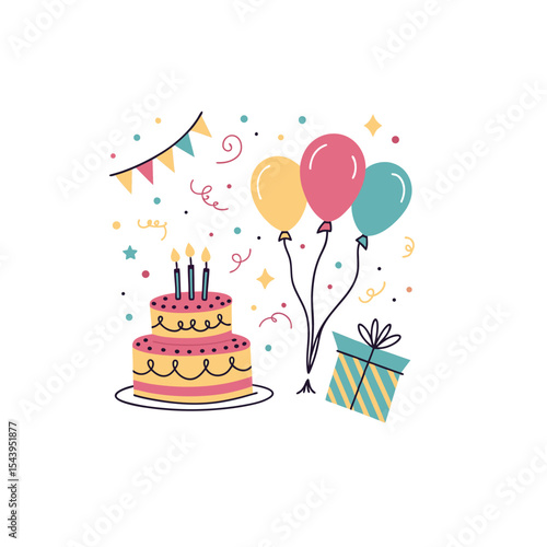 birthday cake vector, cake with balloons, birthday party illustration, cake with gifts, colorful cake design, happy birthday clipart, kids party design, festive birthday