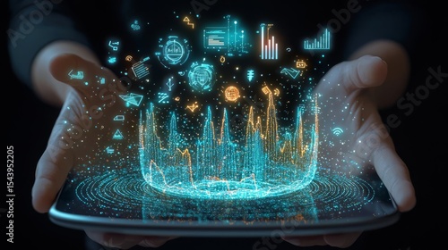 Hands holding a tablet displaying holographic data analytics and graphs, showcasing modern technology and innovation.