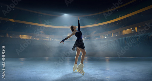 Figure skater woman skating on ice stadium.