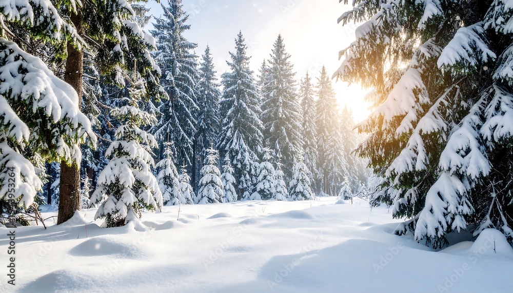 Fototapeta premium Sunny Winter Forest Snow Scene.