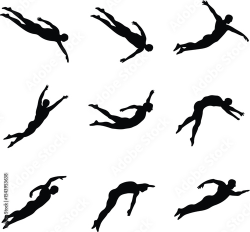 Diving Pose Silhouette Icons – Swimmer Action Symbol Collection Swimmer Diving Icon Silhouette Set – Athletic Water Sports Pack