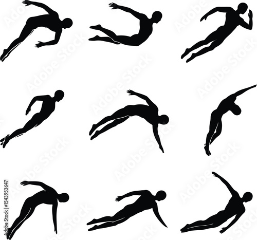 Diving Pose Silhouette Icons – Swimmer Action Symbol Collection Swimmer Diving Icon Silhouette Set – Athletic Water Sports Pack