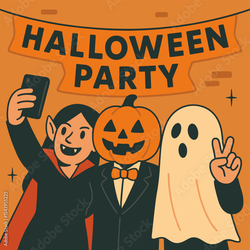 Cute Vector Illustration characters in vampire, pumpkin, and ghost costumes taking a selfie at a Halloween party with bold banner in flat vector style