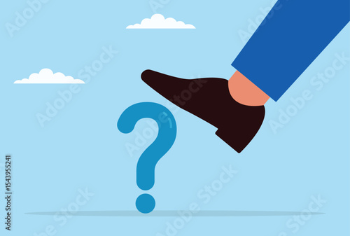Vector illustration of a giant foot attempting to trample a question mark, representing the struggle between suppression and the persistent power of curiosity, inquiry, and the quest for knowledge