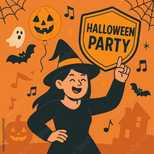 Vector Illustration of Cheerful young woman in witch costume celebrating Halloween party with decorations and festive background in flat illustration