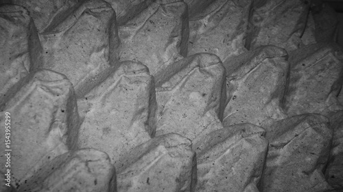 Close-up of a damaged grey cardboard egg tray showing intricate texture and physical imperfections. Ideal for industrial waste themes, texture overlays, and conceptual decay designs