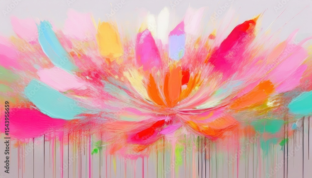 Obraz premium vibrant abstract flower burst painting with dripping brushstrokes in neon pink, teal, orange, and yellow for web design, branding, or art print