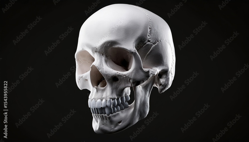 Obraz premium Anatomical Study of a Human Skull with Teeth and Jaw Bones on a Black Background
