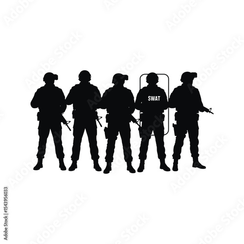 SWAT Team Silhouettes Five Armed Officers in Formation Black and White Stock Image