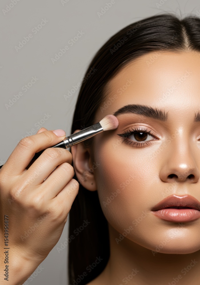 Makeup Application with an Artist's Hand and a Brush a Concept for a Beauty Transformation and a Salon Makeup Application with an Artist's Hand and a Brush a Concept for a Beauty Transformation and a Salon