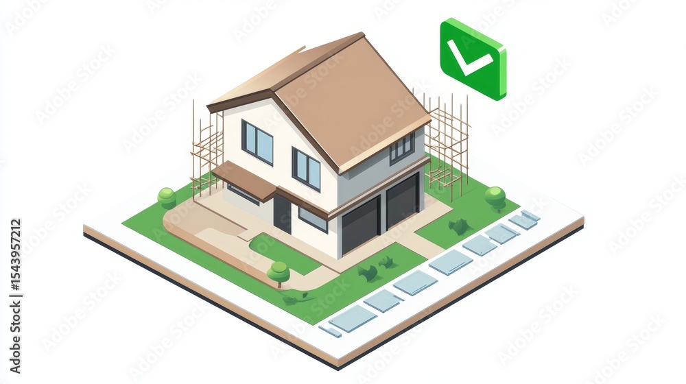 Genarate an isomatric icon that that depicts a construction work completed - include a project building with a green tick in the corner, don't include any scaffolding - Genarate an isomatric icon that that depicts a construction work completed - include a project building with a green tick in the corner, don't include any scaffolding -