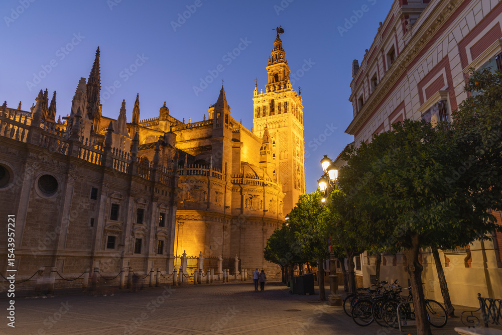 Fototapeta premium Casco Antiguo, Seville, Andalusia, Spain. Night view of the Seville Cathedral.
