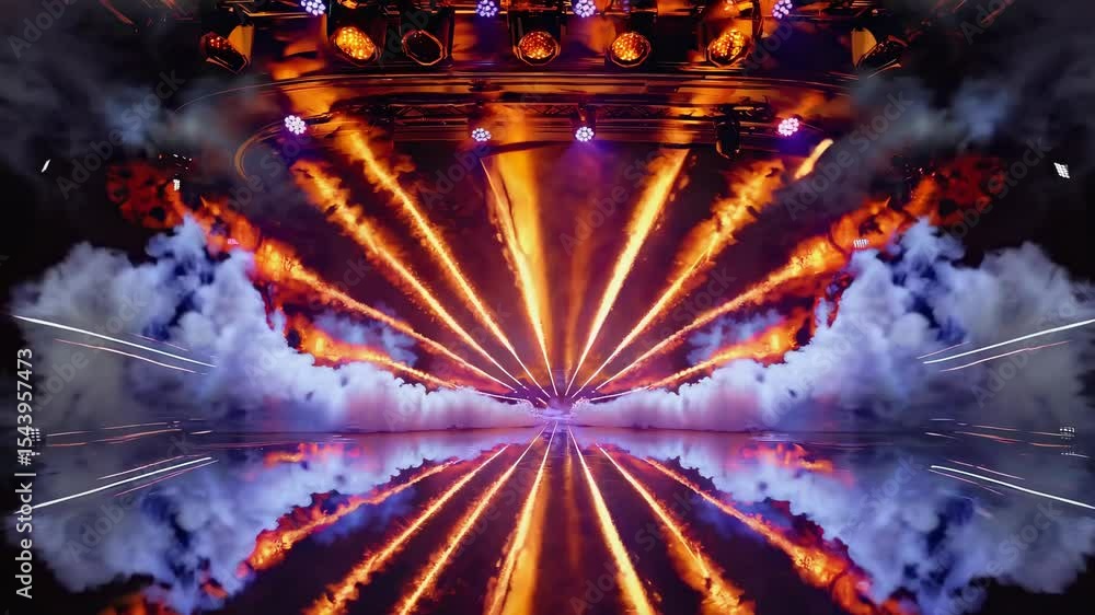 Loopable stage pyrotechnic light show with symmetrical orange flame ...