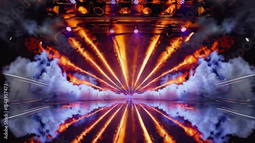Loopable stage pyrotechnic light show with symmetrical orange flame bursts and smoke effects, ideal for concert, event, or EDM visual backgrounds