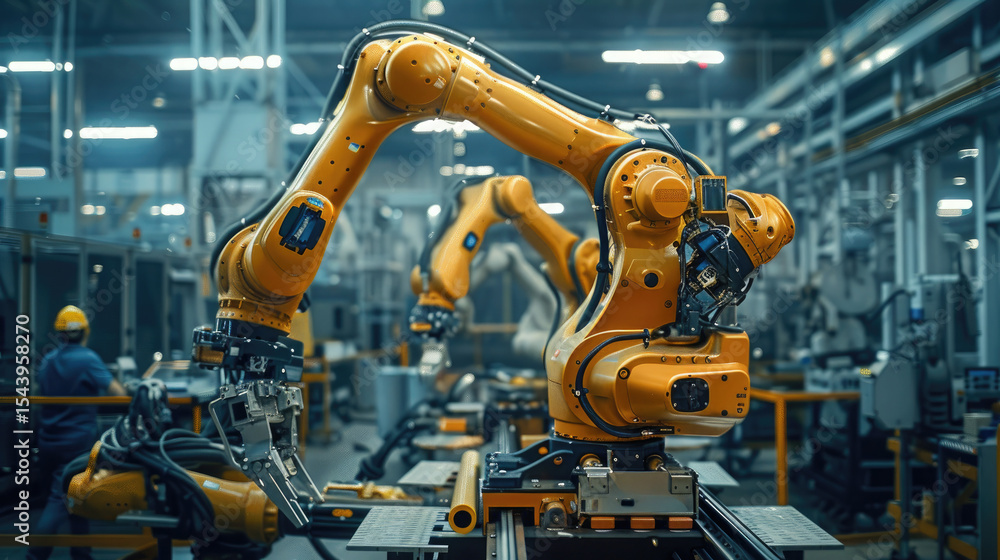 Industrial Robotic Arms: Three bright yellow robotic arms work in a modern factory setting. The arms are in motion, showcasing their efficiency and precision. Industrial Robotic Arms: Three bright yellow robotic arms work in a modern factory setting. The arms are in motion, showcasing their efficiency and precision.