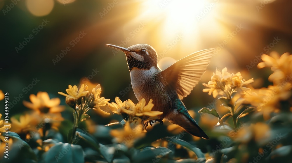 Fototapeta premium A stunning hummingbird hovers gracefully over vibrant yellow flowers, capturing the beauty of nature in a moment filled with sunlight and wonder for all who gaze upon it.