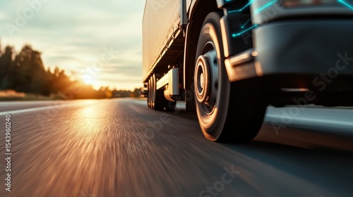 A dynamic view of a truck cruising down an open road at sunset conveys the essence of travel, freedom, and the adventure of life on the highways.
