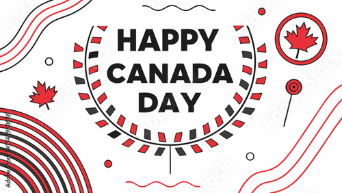 Happy Canada Day Poster with Red Maple Leaf and Circular Design, Patriotic Colors, National Holiday Concept, Generative AI
