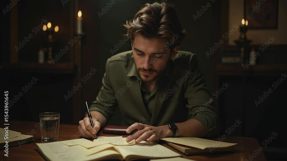 Man Writing Letter at Wooden Desk Indoors Focus and Concentration Man Writing Letter at Wooden Desk Indoors Focus and Concentration