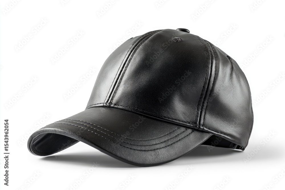Fototapeta premium A black shiny leather baseball cap sits angled slightly towards the right on a white surface