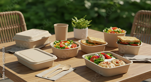 Eco-Friendly Mealtime Delight: A collection of delectable meals and eco-friendly packaging are artfully arranged on a wooden table, celebrating sustainable dining options with a focus on fresh.