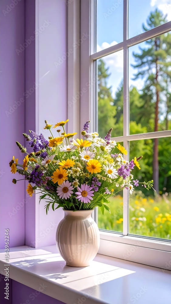 Fototapeta premium Wildflowers in Vase by Window.