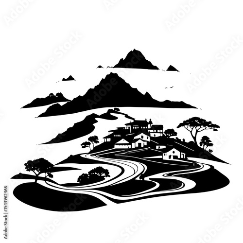 Hill station silhouette with winding roads, tea plantations and village houses”
