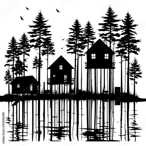 “Swamp village silhouette with wooden houses on stilts and trees, moody vector illustration”