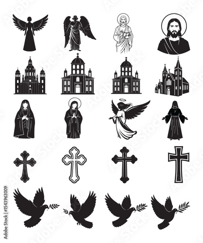 Christian Religious Silhouette Vector Set with Church, Cross, Dove and Angels.




