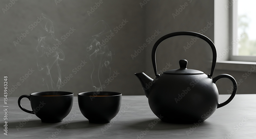 Black Teapot and Cups: Steam rises from a sleek, black cast iron teapot and two matching cups, creating a serene and comforting atmosphere. Black Teapot and Cups: Steam rises from a sleek, black cast iron teapot and two matching cups, creating a serene and comforting atmosphere.