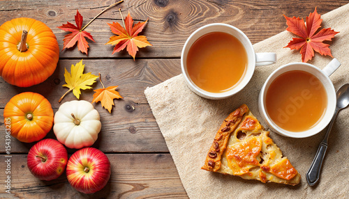 Wallpaper Mural Autumn equinox with two cups of tea, pumpkin, and apples on wood   Torontodigital.ca