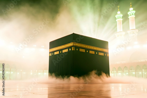 Kaaba at night in golden mist with divine light rays