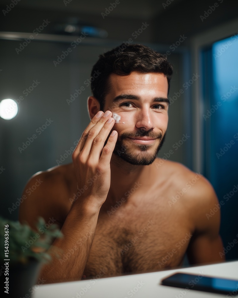 In a softly lit, modern bathroom, a man is captured in a quiet self-care ritual. His smartphone lies face-down on the counter beside him, symbolizing a deliberate digital detox. In a softly lit, modern bathroom, a man is captured in a quiet self-care ritual. His smartphone lies face-down on the counter beside him, symbolizing a deliberate digital detox.