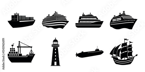 Ship and Marine Transport Silhouette Icons – Cargo, Cruise, Submarine, Lighthouse, and Sailing Vessel Vector Set