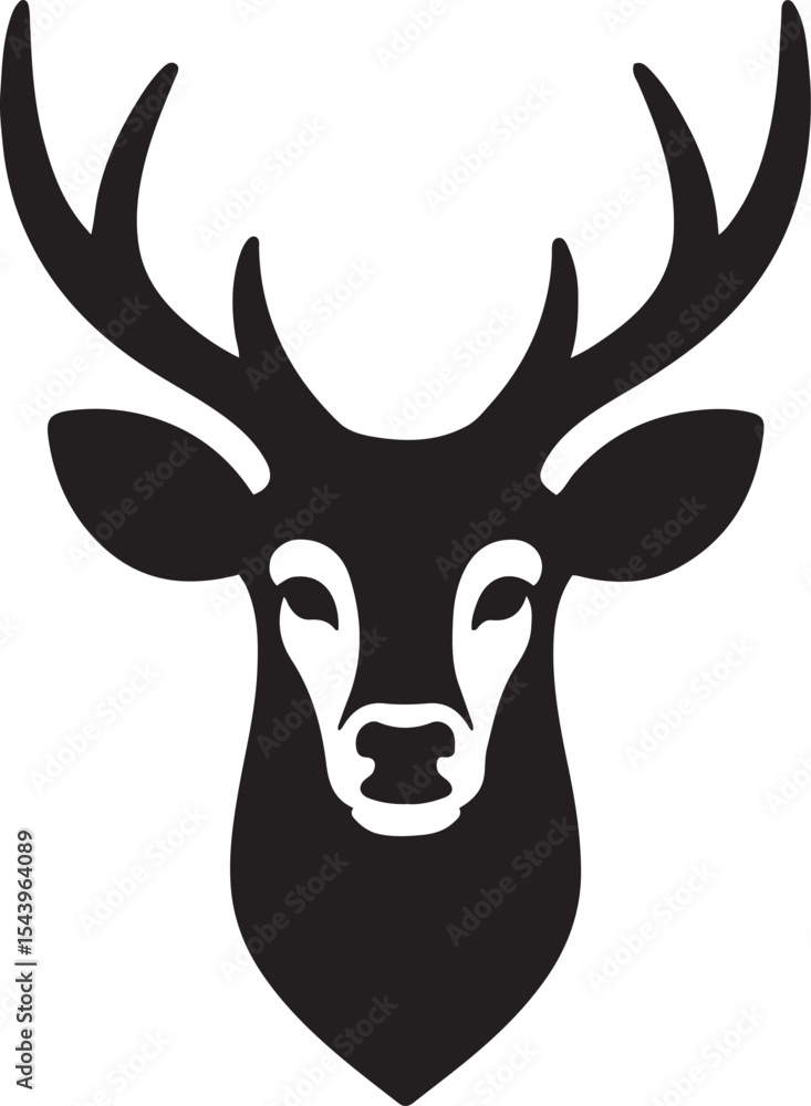Naklejka premium Deer head black and white silhouette design, Elegant antlers wildlife vector sketch