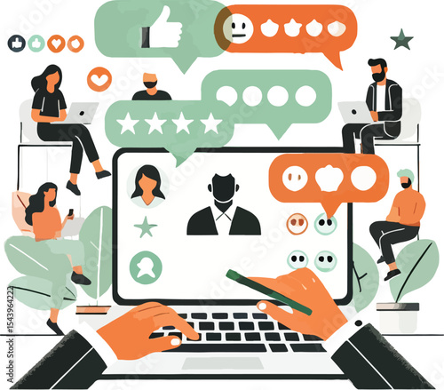 Online customer feedback and reviews concept with laptop users and social media icons