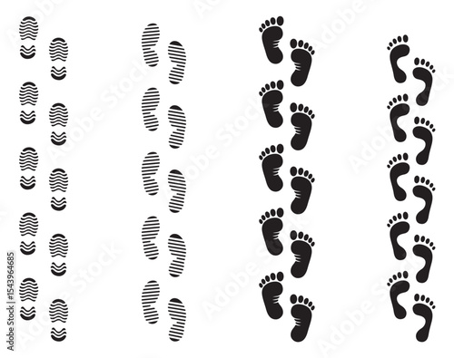 Footprint icons set, barefoot silhouette, shoe sole imprint vector, walking steps symbol, footwear pattern design, black foot shape art, isolated walking icons, sole tracking marks.